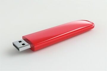 A sleek red USB flash drive against a soft white background, emphasizing modern technology and portability.