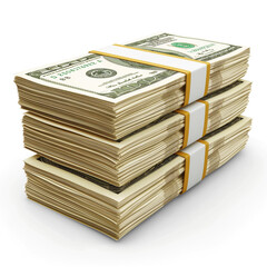Three neatly stacked bundles of cash, showcasing rich textured bills and a sense of wealth.