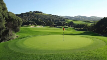 Naklejka premium Serene golf course featuring a flag marking the hole surrounded by rolling green hills and ample space for branding Generative AI