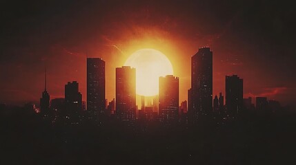 Naklejka premium A dramatic sunset behind silhouetted skyscrapers creates a striking urban landscape.