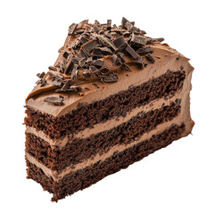 Irresistible slice of decadent chocolate cake topped with rich shavings, showcasing layers of velvety frosting and moist chocolate sponge, ideal for dessert lovers