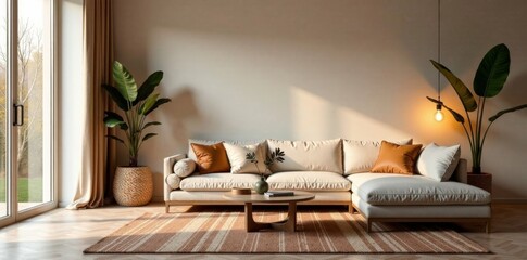 Cozy living room with soft cushions and warm lighting, relaxing atmosphere, soothing ambiance