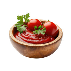 Fresh red tomatoes with vibrant green parsley beside a rich bowl of ketchup placed on a wooden...