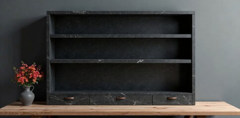 Dark wooden bookstand with empty shelves made of black granite sits alone on a minimalist desk, dark leather books, reading nook