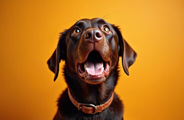 Fototapeta premium Close up of surprised brown dog with wide open mouth and eyes on solid orange background. Puppy emotions and reactions. Funny expressive chocolate labrador pet portrait with copy space.
