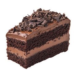 Decadent Slice of Rich Chocolate Cake with Dark Chocolate Shavings and Creamy Chocolate Frosting on Isolated White Background
