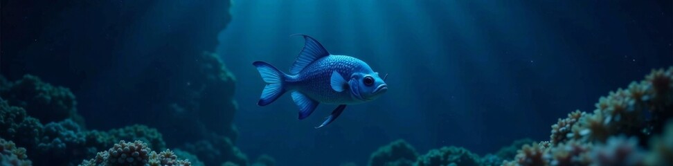 Naklejka premium Deep blue anglerfish floating alone in the dark ocean depths, underwater scene, solitary fish