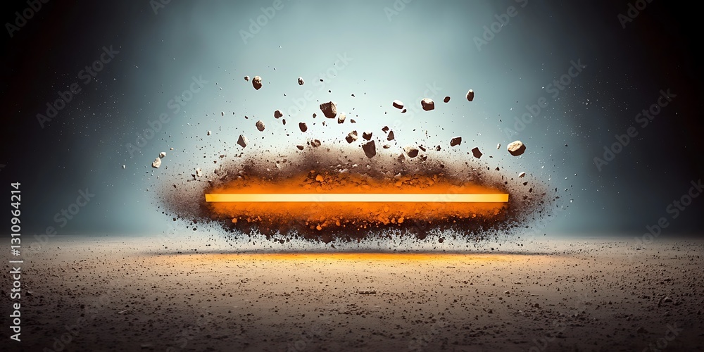 Poster dynamic explosion of dust and debris around a glowing orange line on a textured surface