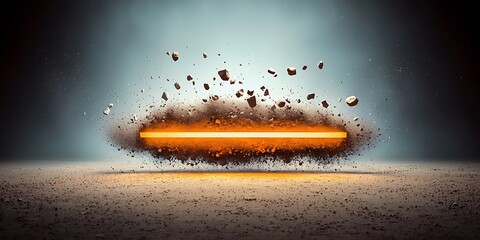 Dynamic explosion of dust and debris around a glowing orange line on a textured surface