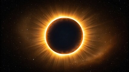 Naklejka premium stunning view of a solar eclipse against the background of the night sky, The sun's corona shines brightly around the dark disc of the moon, and with a starry sky in background