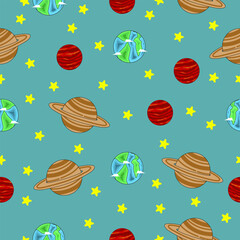 seamless pattern with planet theme, cute cartoon vector with flat style
