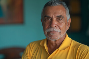 Obraz premium Confident older man with gray hair, wearing a yellow polo shirt, smiles warmly against a vibrant background.