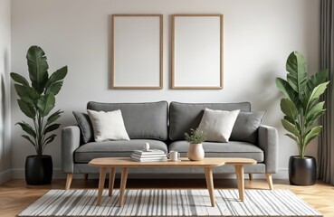 Modern scandinavian home interior with two mock frames. Gray sofa, wooden table, plants in pots, books, personal accessories. Stylish home decor, blank templates. 3d rendering of apartment for