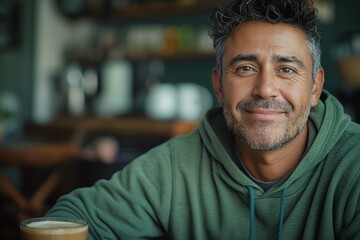 Obraz premium Smiling Hispanic man in a cozy café, wearing a green hoodie, radiating warmth and positivity.