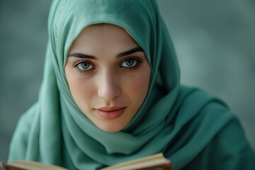 A young Middle-Eastern woman in a green hijab gazes thoughtfully while reading a book.