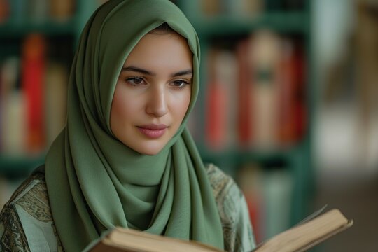 A young Middle Eastern woman in a green hijab, deeply engaged in reading a book in a cozy library.