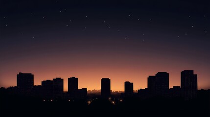 Silhouette of a city skyline at dusk with stars in the sky.