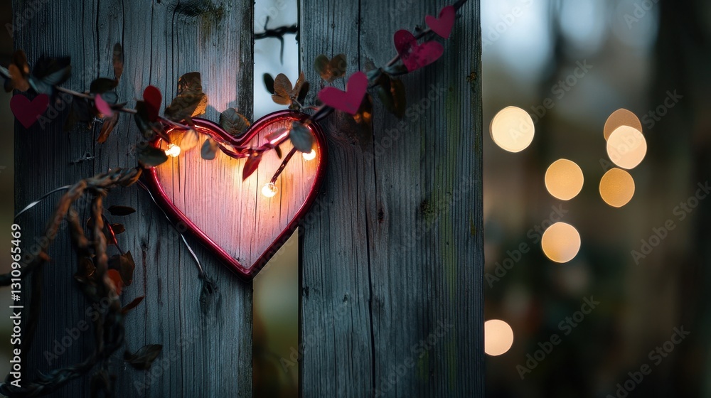 Poster glowing heart shaped light illuminating dark rustic setting with twinkling bokeh background