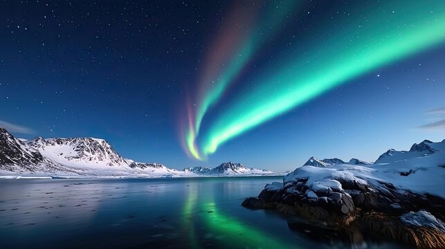 Aurora borealis northern lights idea. Majestic northern lights illuminate a serene snow-covered landscape at night.