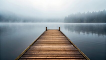 Obraz premium a wooden pier extending into a misty lake, with a forest on the horizon 