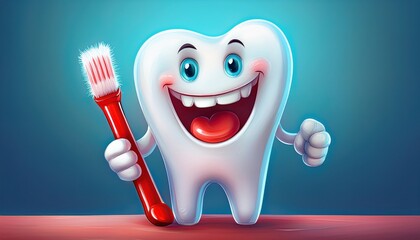 A cartoon tooth character grinning and holding a vibrant red toothbrush, promoting dental care and oral hygiene. Fun and engaging, perfect for health, kids&rsquo; dental products, or dental education.
