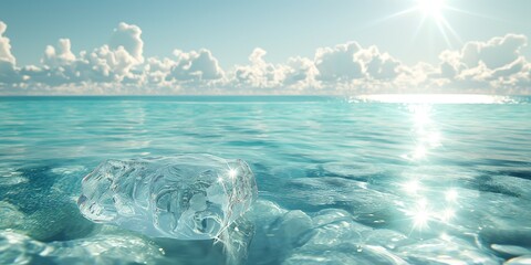 A plastic bottle floats in sparkling turquoise waters under a bright sun, highlighting the issue of marine pollution.