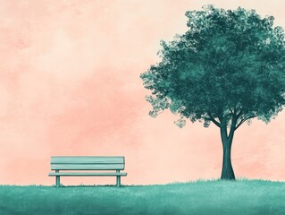 Peaceful park bench under tree, sunset sky background, relaxation