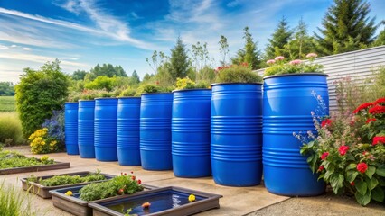 Blue barrels repurposed as vibrant planters in a serene garden setting, showcasing diverse flora and a tranquil water feature.