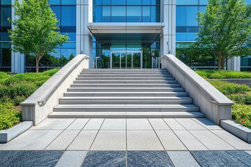 Granite steps leading to modern office building entrance. Perfect for concepts of business, success, and corporate growth.