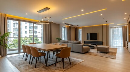 Fototapeta premium Bright and inviting, this modern apartment features a spacious dining area and cozy living space adorned with sleek furniture. Large windows illuminate the warm tones, creating a tranquil atmosphere