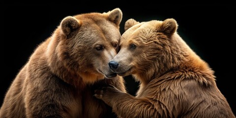 A tender moment captured two brown bears embrace in a display of affection, their fur glistening under soft light against a dark background.