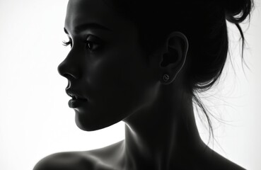 Fashionable studio portrait of cute woman silhouette with hard shadows face against white backdrop. Side profile attractive young girl. Beauty, skincare, cosmetics demonstration. Health, face care,