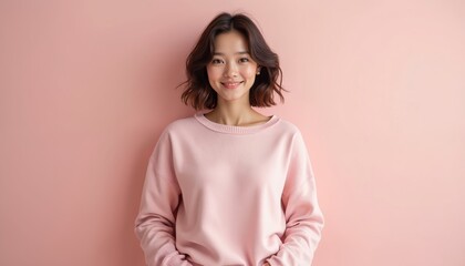 Obraz premium Close-up portrait of beautiful young brunette Asian woman with short hairstyle smiling in pastel pink sweater. Pretty girl feels comfy. Front view of female in stylish comfortable clothes.