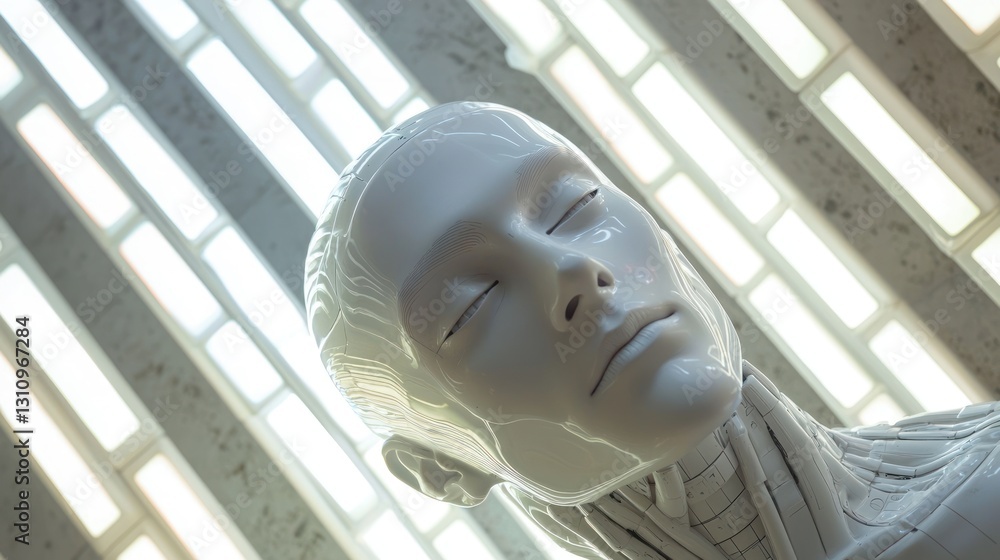 Poster serene android, futuristic architecture backdrop