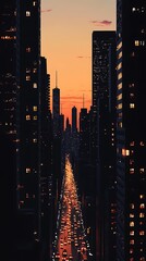 A city skyline at sunset, showcasing buildings and a busy street illuminated by traffic.