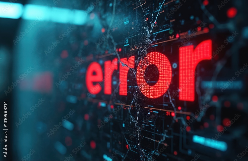 Aufkleber digital display with error in red text on cracked screen. system failure, cyber security vulnerabili