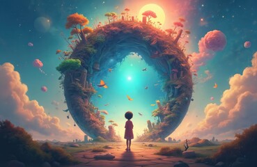 A girl looks at colorful magic world in the sky with flying birds. Fantasy earth with trees and clouds shines with light and happiness. Creative childish fairytale landscape, adventure backdrop.