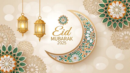 Eid Mubarak 2025 – Islamic Festive Greetings with Decorative Crescent and Lanterns