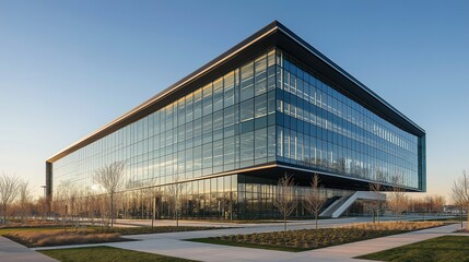 Obraz premium Modern glass and steel office building, symmetrical design, bathed in midday light, showcasing sleek architecture and urban professionalism.