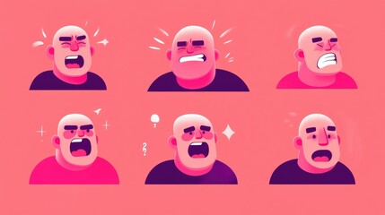Cartoon man expressions, various emotions, digital art, social media graphic, mood board
