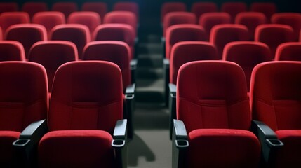 Fototapeta premium Empty Red Cinema Seats Movie Theater Dark Ambiance Film Industry