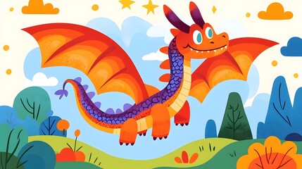 Obraz premium Majestic Mythical Dragon Soaring Through Vibrant Fantasy Sky Landscape