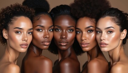 Fototapeta premium Diverse group of beautiful women poses with natural beauty, glowing smooth skin. Attractive female fashion models with great skincare of races, tones, style. Wellness, care, cosmetic products