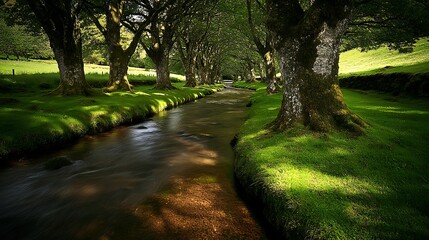 Naklejka premium Lush Green Trees Border a Flowing River through the Landscape