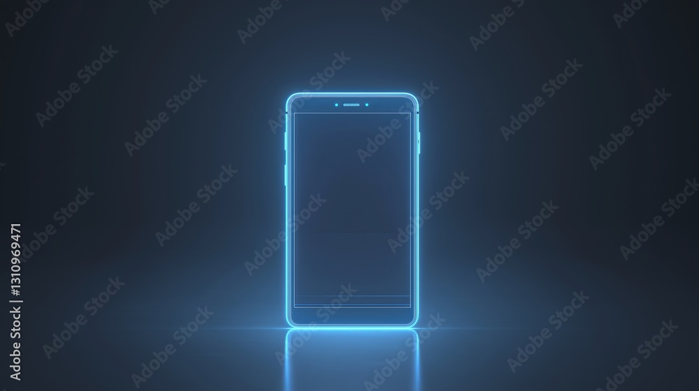 Poster a neon blue wireframe of a smartphone on a gray gradient background