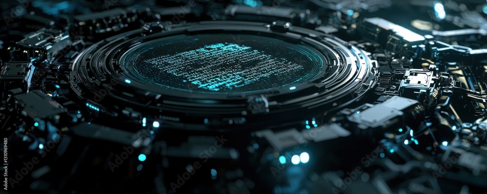 Poster a futuristic close-up of a high-tech microchip surrounded by intricate circuitry, glowing with blue 