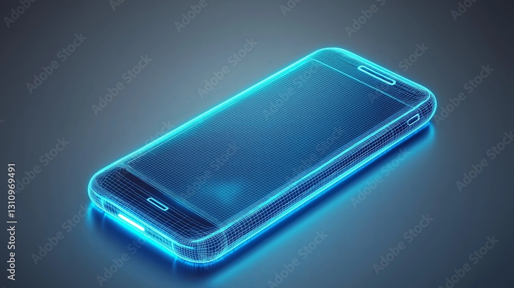 Poster a neon blue wireframe of a smartphone on a gray gradient background