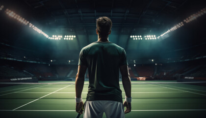 Fototapeta premium Image back view of a male tennis player with a tennis racket on the background of a tennis court with stands.