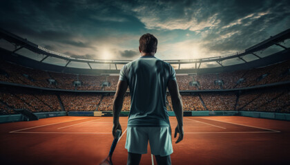Image back view of a male tennis player with a tennis racket on the background of a tennis court with stands.