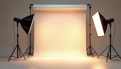 Pro photo studio setup with lamps, cyclorama, tripods, warm yellow light, blank white background. Modern realistic interior space ready for photographer shooting model. Minimalist design with glowing